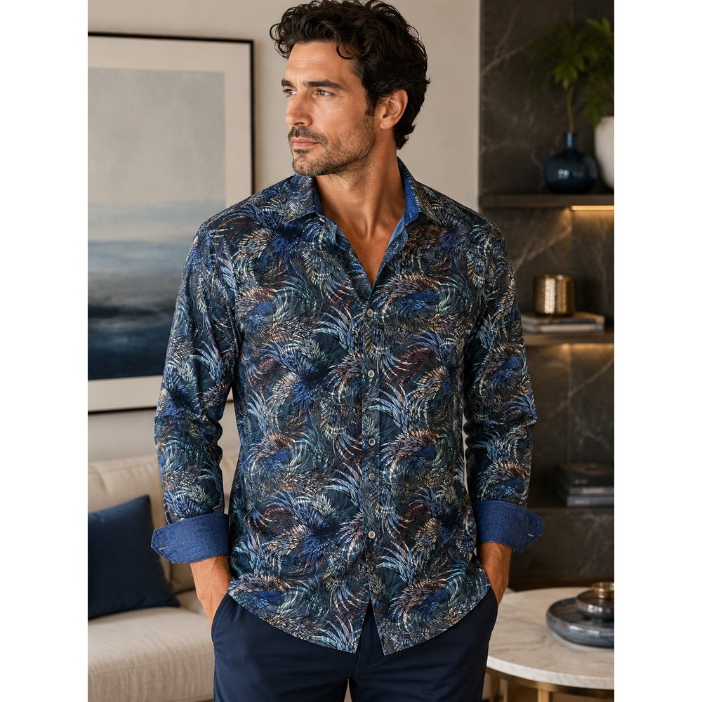 Bugatchi Classic Fit Floral Cotton Button Front Shirt Blue XL Luxury Casual